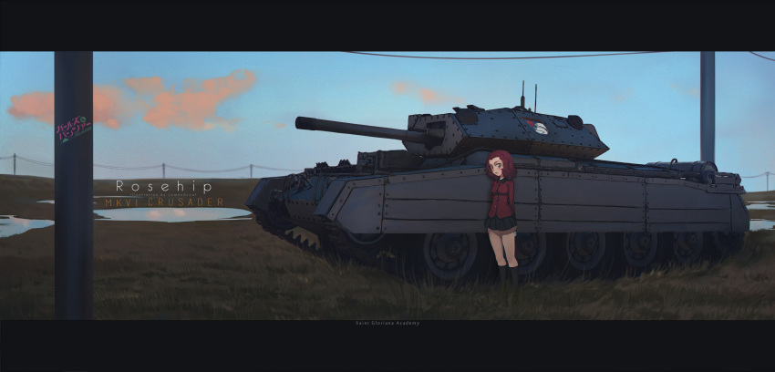 1girl :d absurdres arms_behind_back black_legwear black_skirt blue_sky clouds commentary_request crusader_(tank) girls_und_panzer grass ground_vehicle highres jacket letterboxed looking_at_viewer military military_vehicle motor_vehicle murasaki_saki open_mouth outdoors pleated_skirt power_lines red_eyes red_jacket redhead rosehip skirt sky smile socks solo standing tank telephone_pole wing_collar