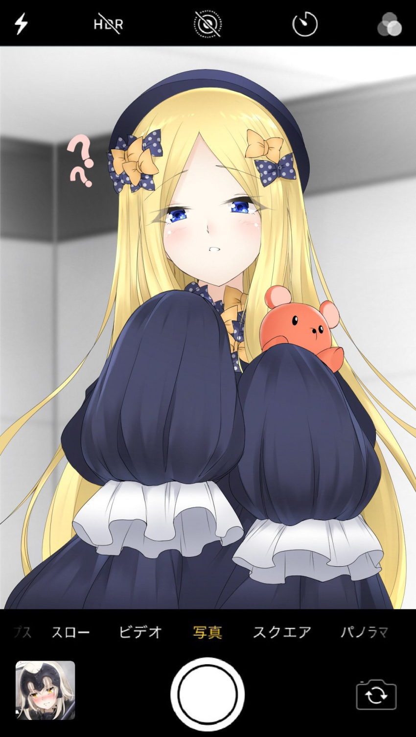 1girl ?? abigail_williams_(fate/grand_order) bangs black_bow black_dress black_hat blonde_hair blue_eyes blurry blurry_background blush bow commentary_request depth_of_field dress eyebrows_visible_through_hair fate/apocrypha fate/grand_order fate_(series) forehead hair_bow hat highres indoors jeanne_d'arc_(alter)_(fate) jeanne_d'arc_(fate)_(all) koro_(tyunnkoro0902) long_hair long_sleeves object_hug orange_bow parted_bangs parted_lips phone_screen polka_dot polka_dot_bow sleeves_past_fingers sleeves_past_wrists solo stuffed_animal stuffed_toy teddy_bear translated very_long_hair