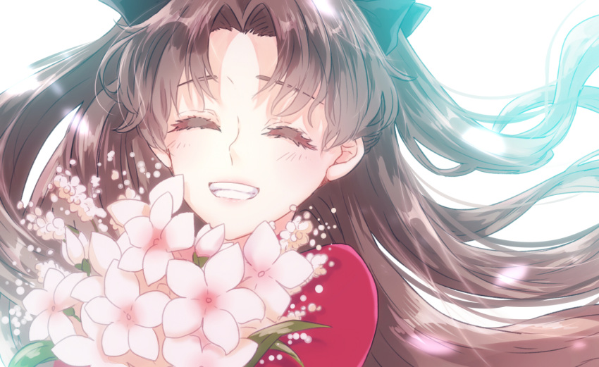 1girl black_bow bouquet bow brown_hair cherry_blossoms closed_eyes eyebrows_visible_through_hair fate/stay_night fate_(series) floating_hair flower grin hair_bow holding holding_bouquet long_hair portrait red_shirt ro96cu sakura shirt simple_background smile solo tohsaka_rin white_background white_flower