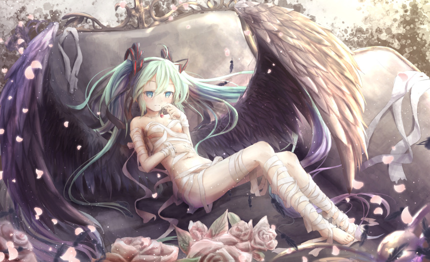 1girl ahoge aqua_hair bandage barefoot black_wings blue_eyes breasts cleavage collarbone eyebrows_visible_through_hair feathered_wings feet floating_hair flower hair_between_eyes hair_ornament hatsune_miku jewelry long_hair midriff naked_ribbon navel necklace parted_lips ribbon sitting small_breasts smile solo stomach twintails under_boob utatanecocoa very_long_hair vocaloid white_flower wings