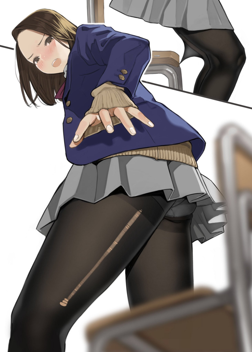 1girl beige_sweater blue_blazer blurry blurry_foreground blush brown_eyes brown_hair chair depth_of_field forehead grey_skirt highres looking_at_viewer looking_back open_mouth original panties panties_under_pantyhose pantyhose pleated_skirt school_uniform simple_background skirt solo thighband_pantyhose thighs underwear white_background yomu_(sgt_epper)