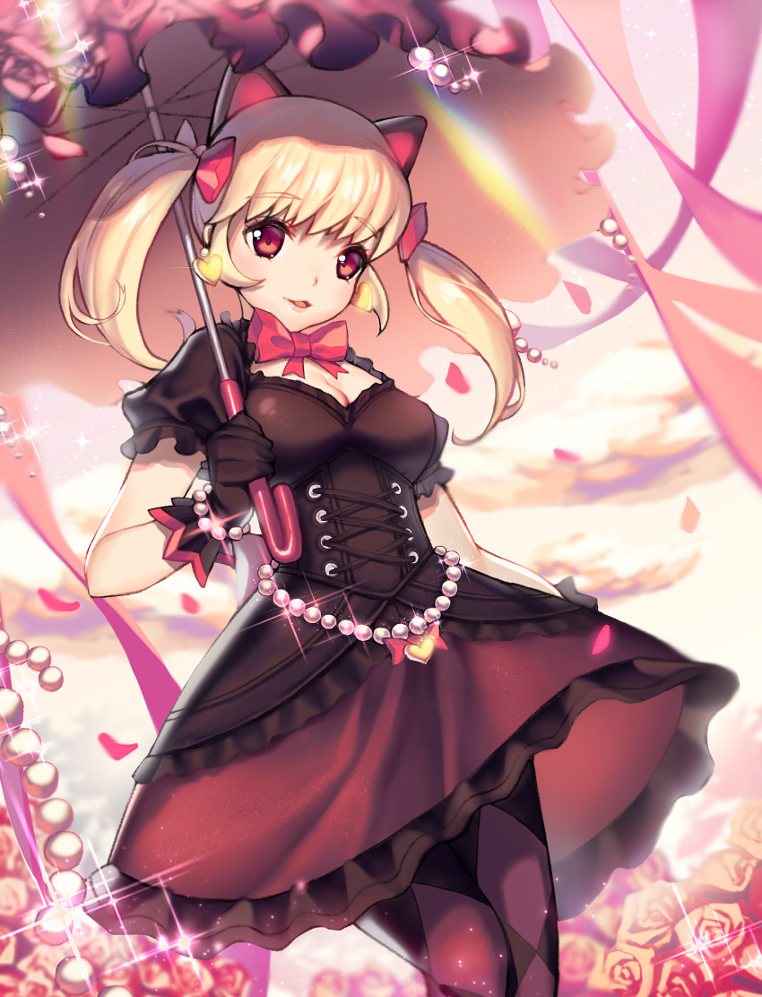 1girl alternate_costume animal_ears argyle argyle_legwear bead_bracelet beads black_cat_d.va black_dress black_gloves blonde_hair bow bracelet breasts brown_eyes cat_ears cleavage cowboy_shot d.va_(overwatch) dress earrings ennn floral_background frilled_skirt frills gloves heart heart_earrings highres holding holding_umbrella jewelry lolita_fashion looking_at_viewer medium_breasts overwatch pantyhose parted_lips pink_bow puffy_short_sleeves puffy_sleeves short_sleeves skirt solo twintails umbrella