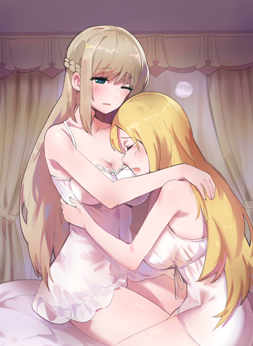 2girls absurdres alternate_costume bare_shoulders blonde_hair braid breasts brown_hair cleavage closed_eyes commentary_request dress french_braid gown hair_ornament hairclip highres large_breasts lexington_(zhan_jian_shao_nyu) long_hair multiple_girls one_eye_closed saratoga_(zhan_jian_shao_nyu) very_long_hair yuri ze_(wzfnn001) zhan_jian_shao_nyu