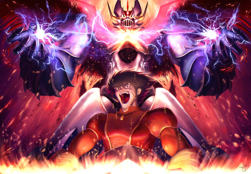 1boy brown_eyes brown_hair fire highres kabuto_kouji lightning mazinkaiser mazinkaiser_(robot) mecha pilot_suit shouting sideburns signature super_robot super_robot_wars