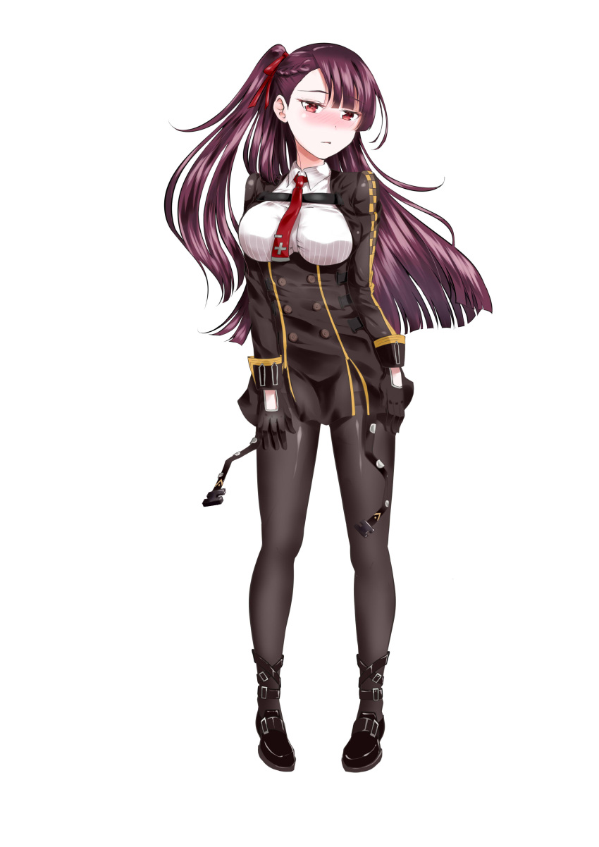 1girl absurdres alice bangs bipod black_footwear black_gloves black_legwear blazer blunt_bangs blush braid breasts brown_hair buttons collared_shirt double-breasted embarrassed eyebrows_visible_through_hair floating_hair framed_breasts french_braid from_below full_body girls_frontline gloves hair_between_eyes hair_ribbon half_updo hand_up hands_on_thighs head_tilt highres jacket large_breasts long_hair looking_at_viewer necktie one_side_up open_mouth pantyhose purple_hair red_eyes red_neckwear ribbon shirt shoe_strap shoes sidelocks simple_background solo standing striped striped_shirt thighband_pantyhose thighs tsurime very_long_hair wa2000_(girls_frontline) white_background white_shirt