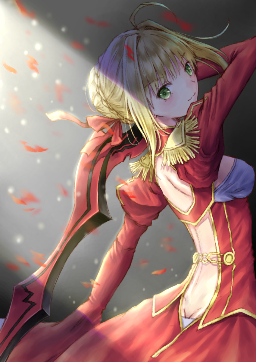 1girl absurdres aestus_estus ahoge backless_outfit blonde_hair braid breasts dress epaulettes fate/extra fate/grand_order fate_(series) french_braid green_eyes highres juliet_sleeves long_sleeves looking_at_viewer looking_back medium_breasts nero_claudius_(fate) nero_claudius_(fate)_(all) open-back_dress over_shoulder petals puffy_sleeves sideboob smile solo tobychou weapon weapon_over_shoulder