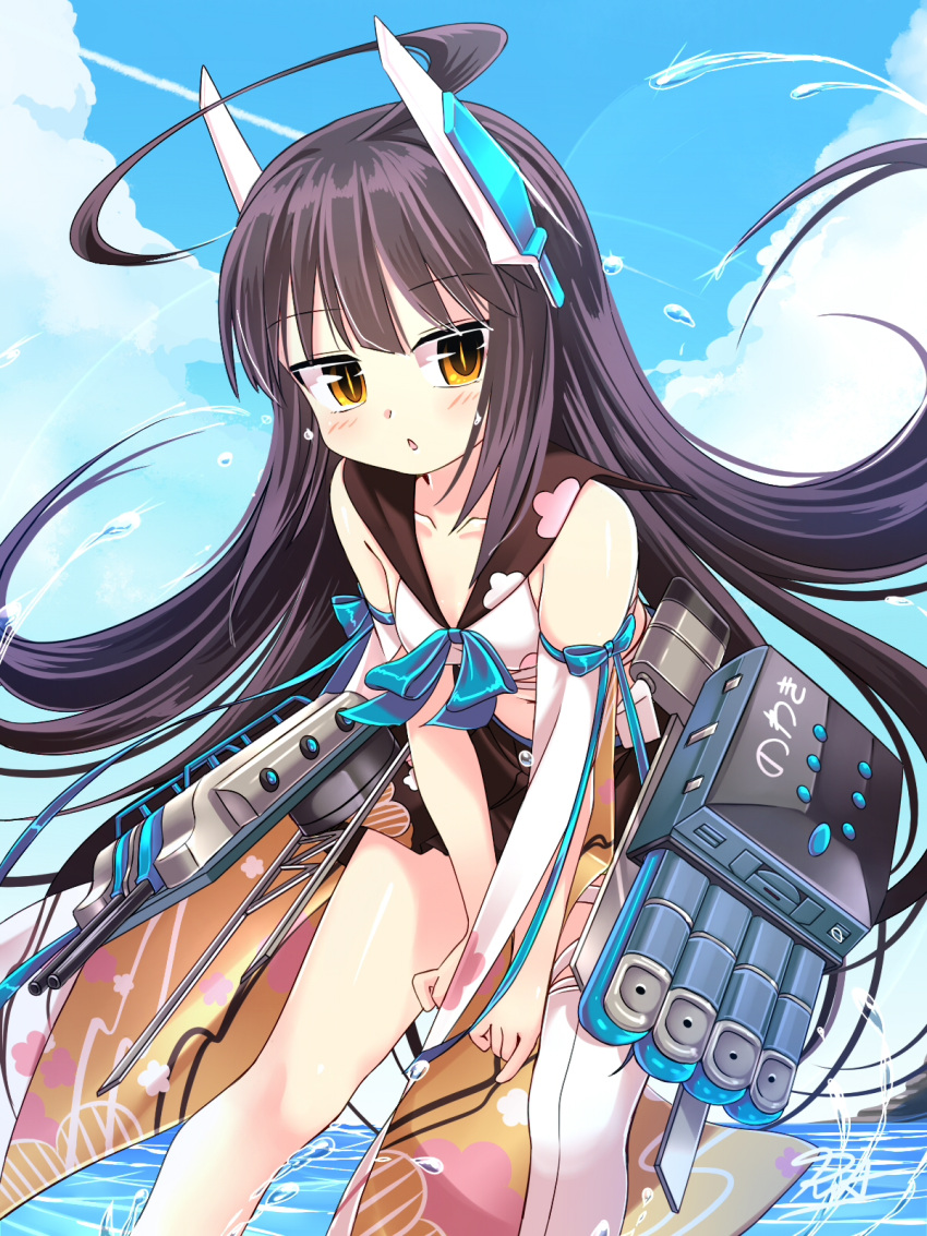 1girl ahoge artist_request azur_lane bent_over black_hair blush breasts cannon clouds collarbone highres long_hair looking_at_viewer mechanical_horns nowaki_(azur_lane) sky small_breasts solo torpedo_tubes water weapon yellow_eyes