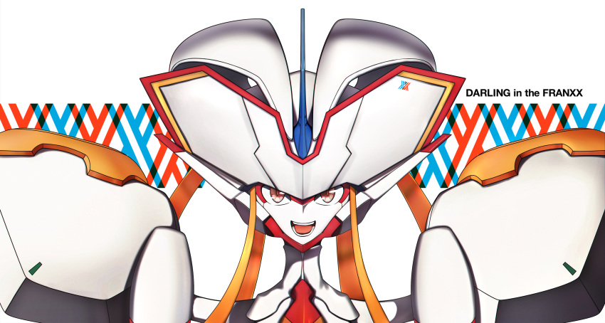 1girl :d absurdres armor copyright_name darling_in_the_franxx highres looking_at_viewer mecha murasaki_saki open_mouth red_eyes robot smile solo strelizia upper_body white_background