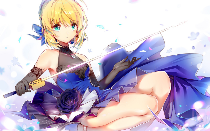 1girl artoria_pendragon_(all) blonde_hair blue_dress blue_footwear blue_ribbon breasts dress elbow_gloves excalibur eyebrows_visible_through_hair fate/stay_night fate_(series) gloves green_eyes grey_gloves hair_between_eyes hair_ribbon high_heels highres holding holding_sword holding_weapon kamiowl looking_at_viewer ribbon saber short_hair sitting sleeveless sleeveless_dress small_breasts solo sword weapon white_background
