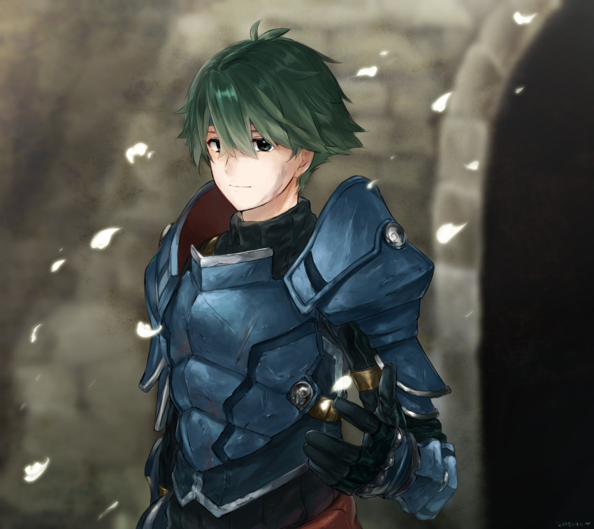 1boy alm_(fire_emblem) armor fire_emblem fire_emblem_echoes:_mou_hitori_no_eiyuuou futabaaf gloves green_eyes green_hair headband highres male_focus smile solo