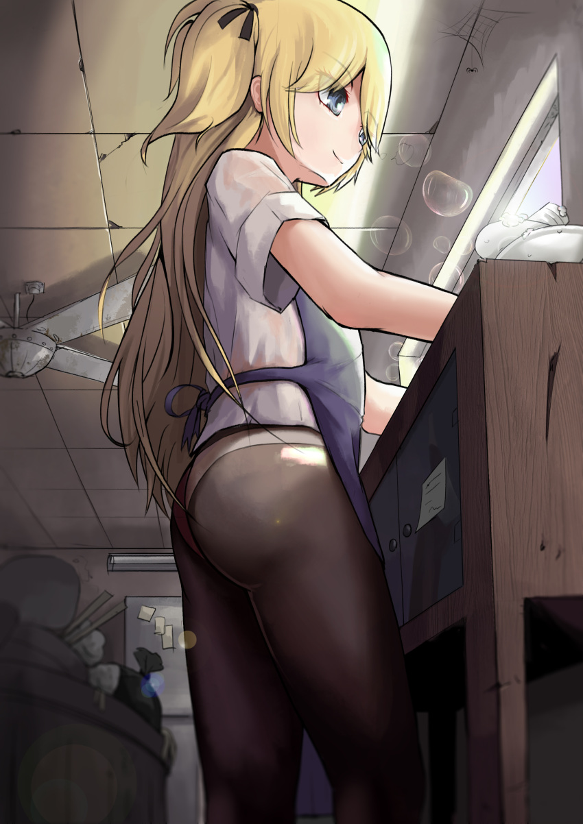 1girl absurdres apron ass black_legwear blonde_hair blue_apron blue_eyes cabinet ceiling ceiling_fan cleaning closed_mouth from_below girls_frontline highres hongshao_tang_gua indoors lens_flare long_hair note panties panties_under_pantyhose pantyhose plate see-through shirt short_sleeves silk smile soap_bubbles solo spider spider_web standing super_shorty_(girls_frontline) trash_can underwear very_long_hair wet wet_clothes wet_shirt white_panties white_shirt