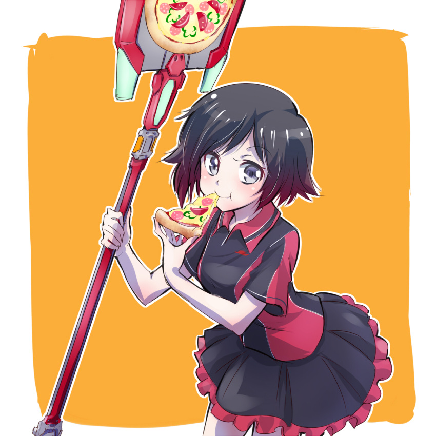 1girl black_hair commentary_request crescent_rose eating employee_uniform fast_food_uniform food grey_eyes highres iesupa pizza pizza_hut ruby_rose rwby solo spatula uniform