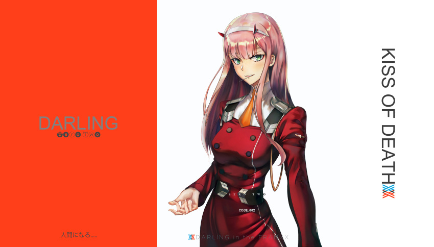 1girl absurdres breasts candy character_name copyright_name cowboy_shot darling_in_the_franxx food green_eyes hairband highres horns lollipop long_hair looking_at_viewer medium_breasts military military_uniform murasaki_saki necktie pink_hair short_necktie smile solo uniform zero_two_(darling_in_the_franxx)