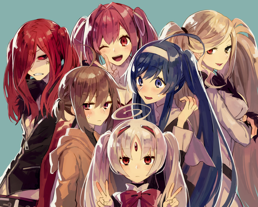 1boy 5girls ;d ahoge alternate_hairstyle anger_vein black_eyes blonde_hair blue_eyes blue_hair blush bow breasts brown_eyes brown_hair carmine cleavage clenched_teeth commentary_request crossed_arms double_v expressionless forehead_jewel fur_trim hair_intakes hair_over_one_eye hair_ribbon hairband heterochromia hilda_(under_night_in-birth) huge_ahoge linne looking_at_viewer medium_breasts multiple_girls odd_one_out one_eye_closed open_mouth orie_(under_night_in-birth) pink_hair red_eyes red_sclera redhead ribbon short_twintails smile suzunashi sweatdrop teeth twintails under_night_in-birth upper_body v vatista white_hair yuzuriha_(under_night_in-birth)