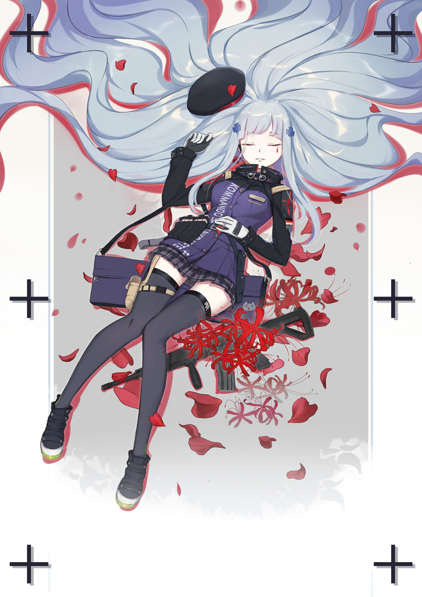 1girl amber_(5_22_lili) ammunition_pouch assault_rifle bag bangs beret black_legwear blunt_bangs blush boots breasts closed_eyes eyebrows_visible_through_hair facepaint flwoer german_flag girls_frontline gloves gun hair_ornament hand_on_own_stomach hat hat_removed headwear_removed heckler_&amp;_koch highres hk416 hk416_(girls_frontline) jacket jewelry knees_together_feet_apart long_hair long_sleeves lying magazine_(weapon) medium_breasts on_back parted_lips petals plaid plaid_skirt pouch rifle ring sidelocks silver_hair skirt smile solo strap teardrop thigh-highs thigh_strap thighs very_long_hair weapon wedding_band white_gloves