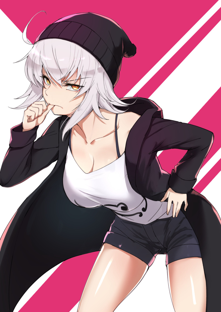 1girl absurdres bangs beanie biting black_hat black_hoodie black_shorts breasts brown_eyes camisole cleavage collarbone commentary_request eyebrows_visible_through_hair fate/apocrypha fate/grand_order fate_(series) hair_between_eyes hand_on_hip hat highres hood hood_down hoodie jeanne_d'arc_(alter)_(fate) jeanne_d'arc_(fate)_(all) large_breasts leaning_forward looking_at_viewer open_clothes open_hoodie sawawse short_shorts shorts silver_hair solo thumb_biting white_camisole