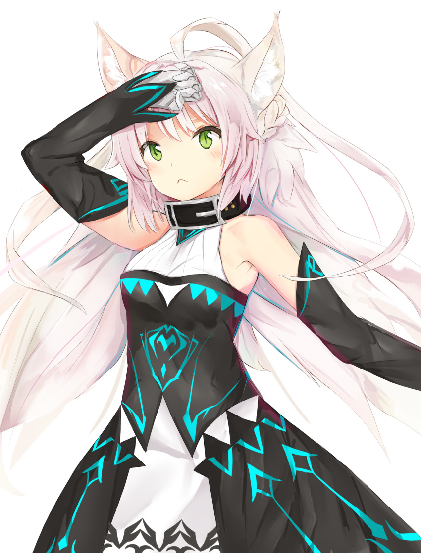 1girl :&lt; absurdres animal_ears arm_up atalanta_(alter)_(fate) atalanta_(fate) bangs bare_shoulders belt_buckle belt_collar black_collar black_dress blush breasts buckle closed_mouth commentary_request detached_sleeves dress eyebrows_visible_through_hair fate/grand_order fate_(series) gloves green_eyes highres long_hair long_sleeves medium_breasts silver_hair simple_background sleeveless sleeveless_dress slit_pupils solo very_long_hair white_background white_gloves yukaa