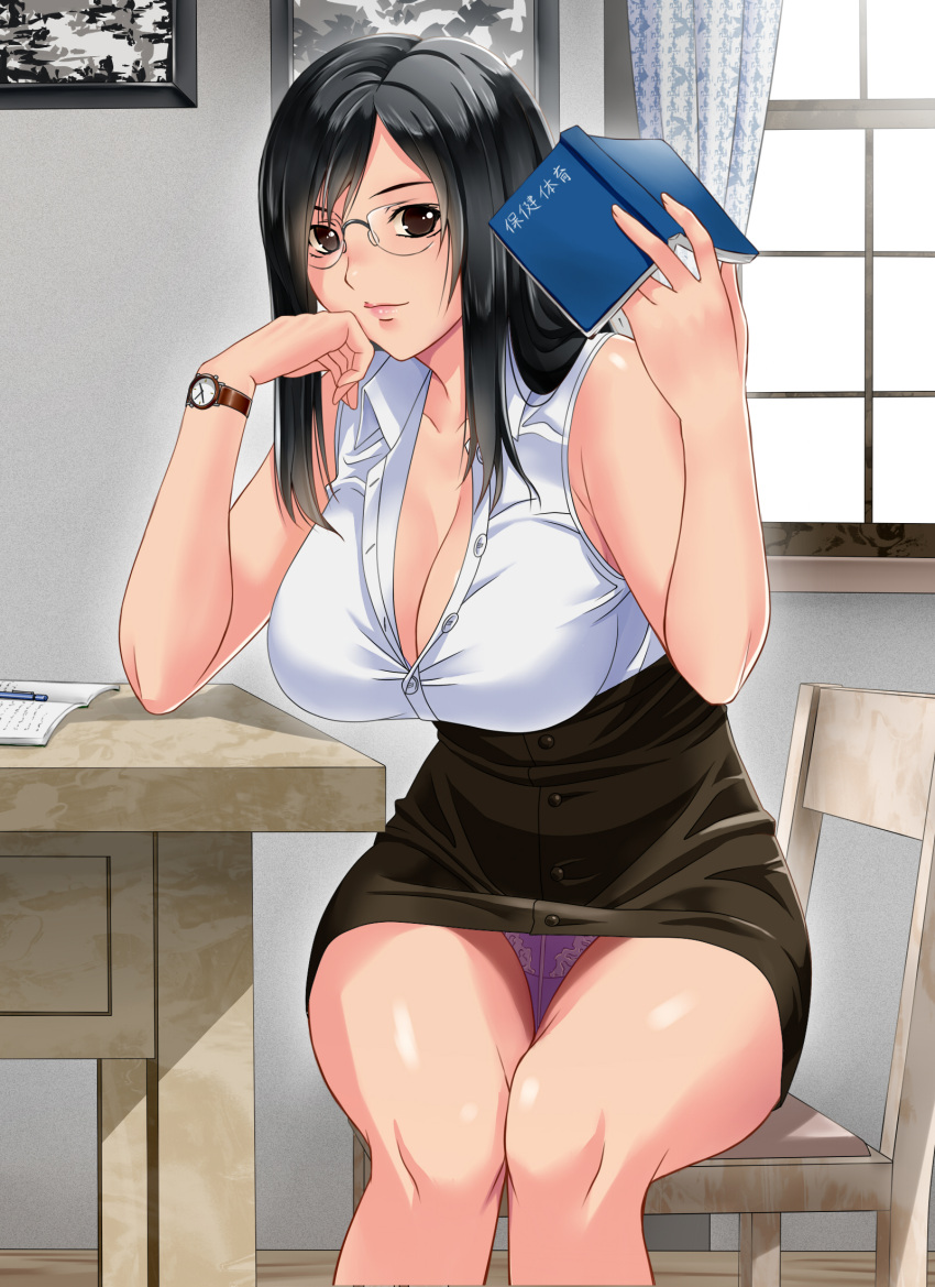 1girl bare_arms bare_shoulders bespectacled black_hair book brown_eyes brown_hair brown_skirt buttons chair chin_rest closed_mouth collarbone cowboy_shot curtains day final_fantasy final_fantasy_vii fingernails glasses hands_up highres holding holding_book indoors knees_together_feet_apart lace lace_panties legs long_fingernails long_hair looking_at_viewer miniskirt notebook panties pantyshot pantyshot_(sitting) pen pencil_skirt picture_frame pink_lips purple_panties revision rimless_eyewear shirt sitting skirt sleeveless sleeveless_shirt smile solo suuitchi table teacher thighs tifa_lockhart unbuttoned unbuttoned_shirt underwear upskirt watch watch white_shirt window