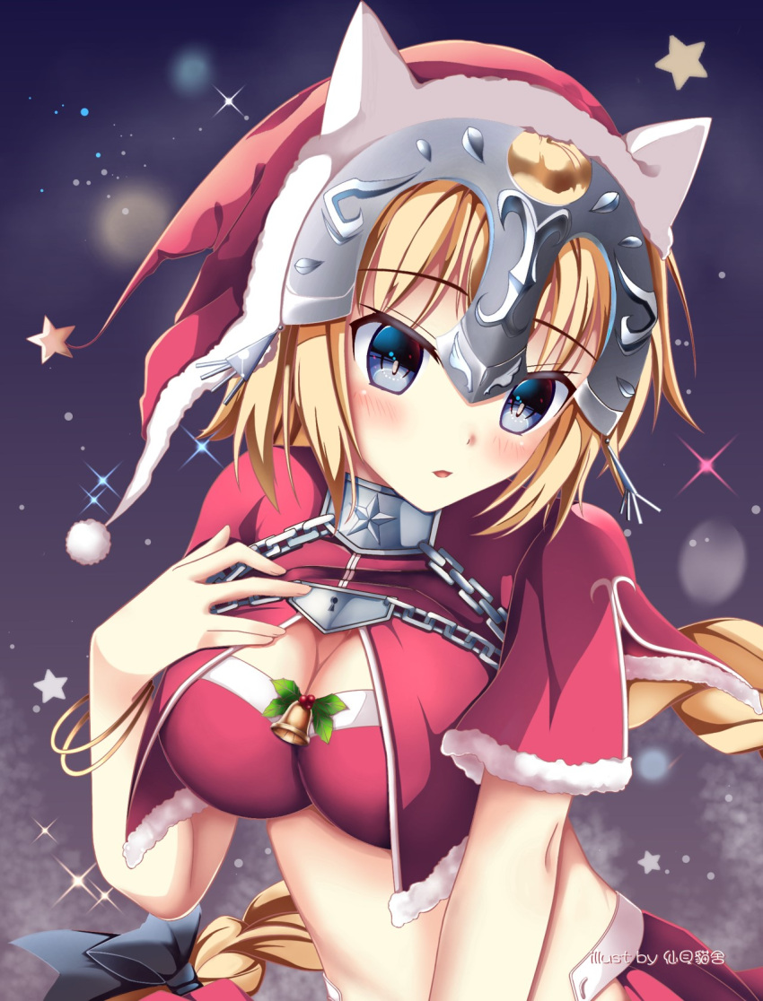 1girl animal_ears bell black_bow blonde_hair blue_eyes blush bow bra braid breasts cat_ears chains cleavage eyebrows_visible_through_hair fake_animal_ears fate/apocrypha fate_(series) fur_trim hair_bow hair_ornament hairband hat highres jeanne_d'arc_(fate) jeanne_d'arc_(fate)_(all) long_hair looking_away medium_breasts midriff open_mouth red_bra red_capelet red_hat santa_costume senbeimeow single_braid solo stomach underwear upper_body very_long_hair white_hairband