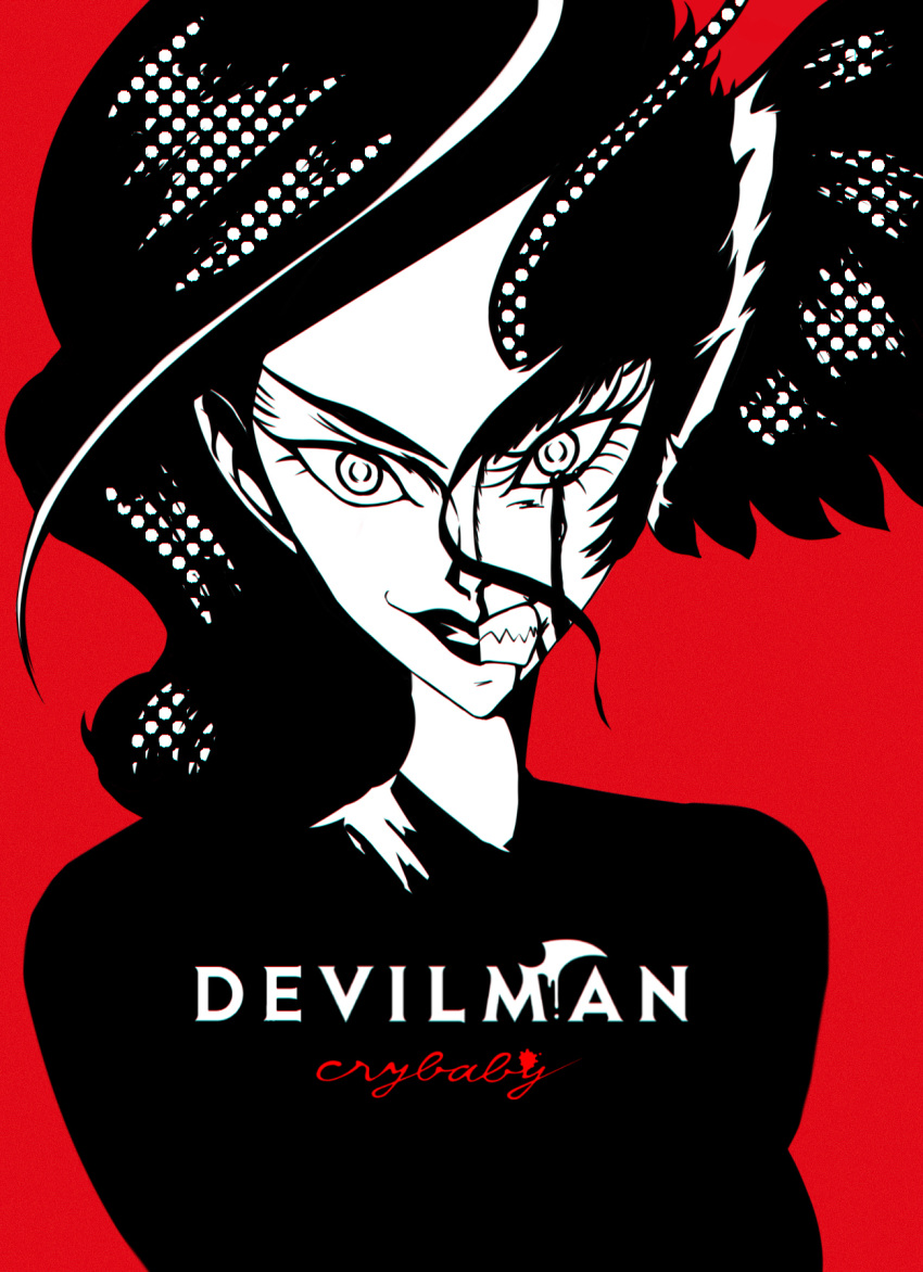1girl character_request commentary copyright_name demon devilman devilman_crybaby eyelashes grin halftone head_wings highres looking_at_viewer murasaki_saki red_background sharp_teeth simple_background smile solo teeth wide-eyed