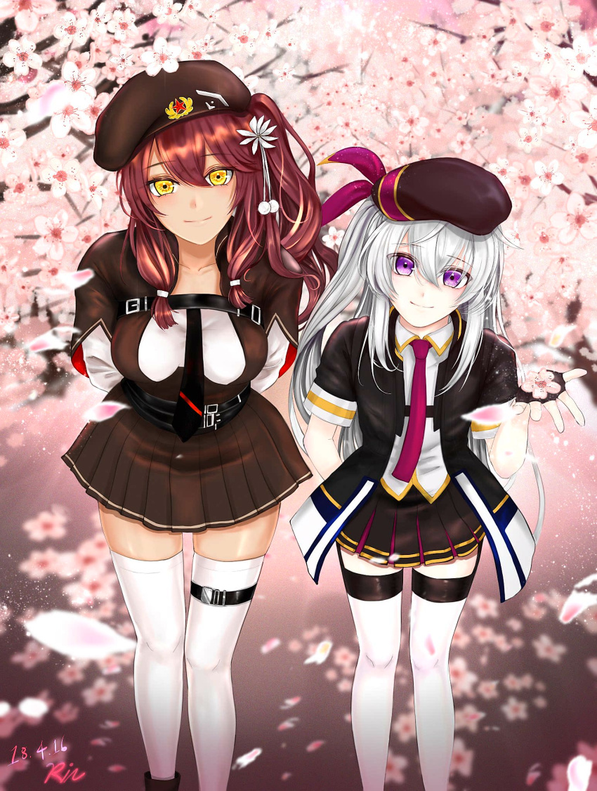 2girls arm_behind_back arms_behind_back bangs beret black_neckwear black_skirt blush buckle cherry_blossoms closed_mouth collarbone collared_shirt dated day eyebrows_visible_through_hair eyes_visible_through_hair fingerless_gloves girls_frontline gloves hair_between_eyes hand_up hat highres jacket leaning_forward light_particles long_hair looking_at_viewer miniskirt multiple_girls multiple_straps necktie open_clothes open_jacket outdoors petals pleated_skirt purple_neckwear rin0225225 saiga-12_(girls_frontline) shirt sidelocks signature skindentation skirt smile spring_(season) standing tareme thigh-highs thigh_strap thighs usas-12_(girls_frontline) very_long_hair white_legwear white_shirt