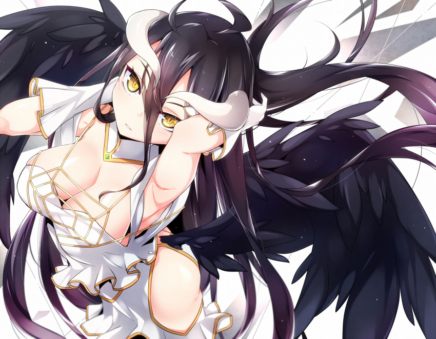 1girl ahoge albedo arm_behind_head ass black_hair black_wings breasts cleavage demon_girl demon_horns demon_wings detached_collar dress feathered_wings from_above gloves hair_between_eyes hip_vent horns large_breasts long_hair looking_at_viewer low_wings no_bra no_panties overlord_(maruyama) ripe.c very_long_hair white_dress white_gloves wings yellow_eyes