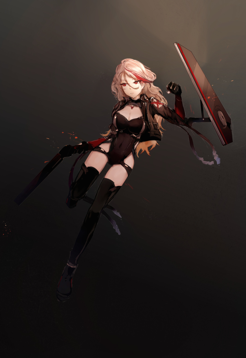 1girl ankle_boots bangs black_footwear black_gloves black_jacket black_legwear black_leotard boots breasts brown_hair chen_feng_si cleavage cleavage_cutout closed_mouth covered_navel earrings expressionless eyebrows_visible_through_hair eyes_visible_through_hair fingerless_gloves full_body girls_frontline gloves gun hair_between_eyes highres holding holding_gun holding_weapon jacket jewelry large_breasts leotard lever_action light_particles long_hair looking_at_viewer looking_away m1887_(girls_frontline) medium_breasts multicolored_hair multiple_girls one_leg_raised pendant red_eyes redhead shield shotgun sidelocks simple_background solo streaked_hair thigh-highs thigh_strap wavy_hair weapon