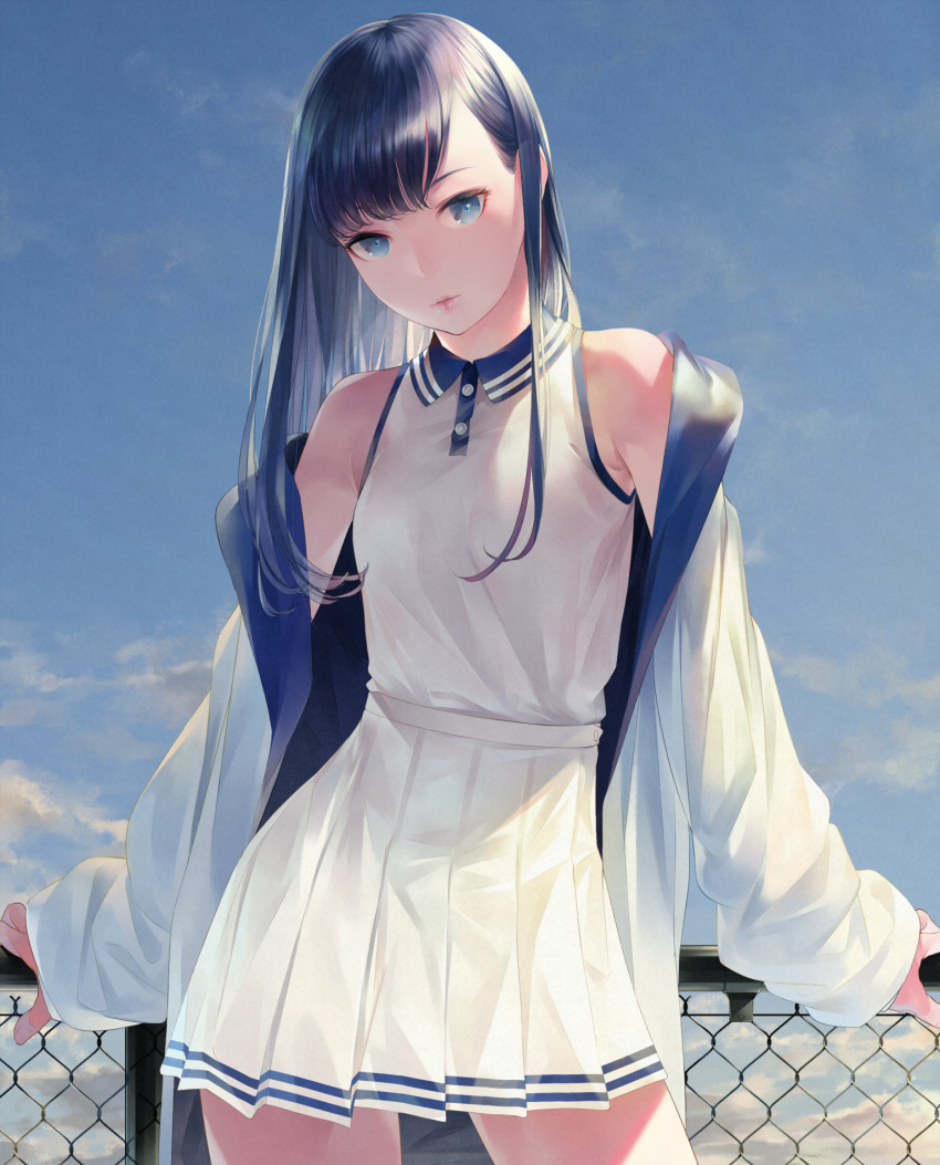 1girl aqua_eyes bangs bare_shoulders black_hair blue_sky chain-link_fence clouds commentary_request day fence highres jacket long_hair looking_at_viewer off_shoulder open_clothes open_jacket original outdoors shirt skirt sky sleeveless sleeveless_shirt sleeves_past_wrists solo sousou_(sousouworks) standing white_skirt