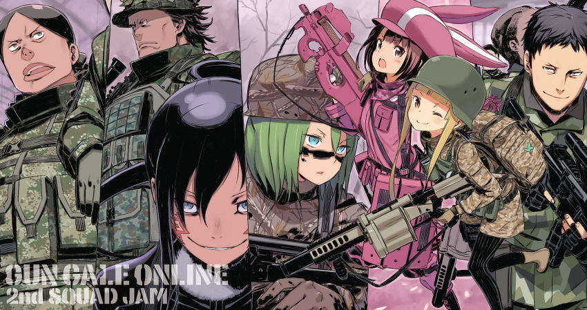 facial_tatoo fukaziroh_(sao) grenade_launcher gun helmet highres kuroboshi_kouhaku llenn_(sao) long_hair military military_uniform pitohui_(sao) short_hair skin_tight sword_art_online sword_art_online_alternative:_gun_gale_online uniform weapon