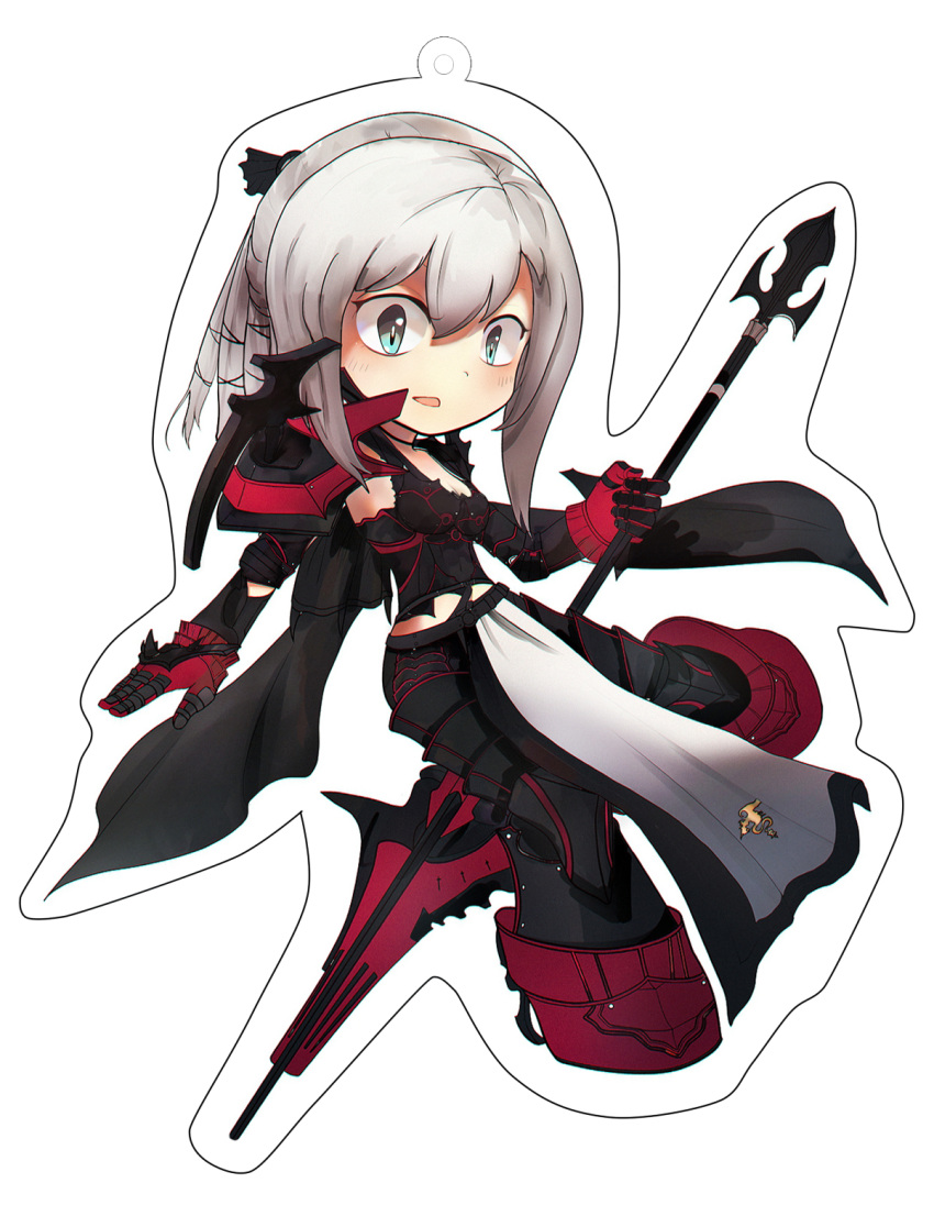 1girl aranea_highwind black_pants boots chibi commentary_request final_fantasy final_fantasy_xv gloves highres holding holding_weapon lance looking_at_viewer murasaki_saki pants parted_lips pauldrons polearm ponytail red_gloves silver_hair simple_background solo weapon white_background