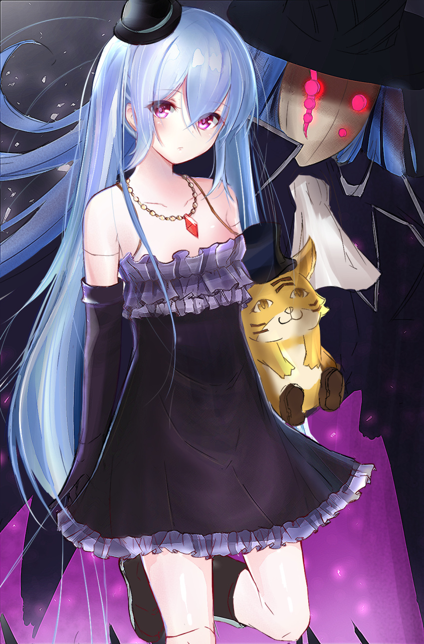 1girl black_dress black_gloves black_hat black_legwear breasts collarbone dress elbow_gloves eyebrows_visible_through_hair floating_hair gloves granblue_fantasy hair_between_eyes hat highres jewelry lloyd_(granblue_fantasy) long_hair looking_at_viewer mask mini_hat necklace one_leg_raised orchis parted_lips pink_eyes ria_(riarea00) silver_hair sleeveless sleeveless_dress small_breasts standing standing_on_one_leg tuxedo very_long_hair white_neckwear