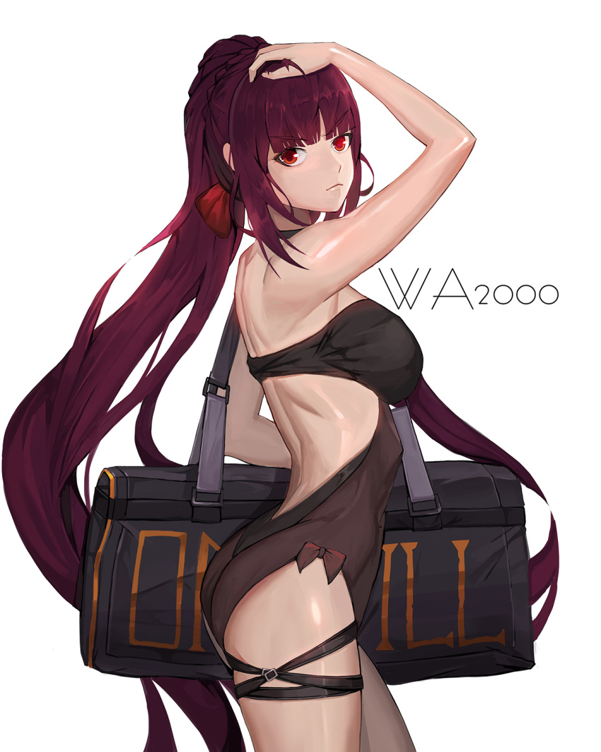 1girl alternate_costume alternate_hairstyle armpits ass bag bangs blunt_bangs blush bow braid breasts character_name closed_mouth crown_braid expressionless eyebrows_visible_through_hair from_side girls_frontline hair_bow hair_ribbon hand_on_own_head highres holding_bag ilja large_breasts long_hair looking_at_viewer one-piece_swimsuit ponytail purple_hair red_bow red_eyes ribbon ribs sidelocks simple_background skindentation solo swimsuit thigh_strap thighs very_long_hair wa2000_(girls_frontline) white_background