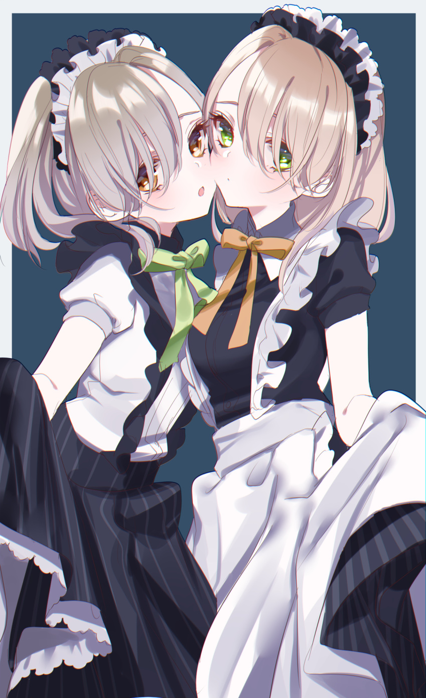 2girls :o apron bangs black_shirt black_skirt blush breasts brown_eyes cheek-to-cheek closed_mouth commentary_request frills green_eyes hair_between_eyes hair_over_one_eye highres light_brown_hair looking_at_viewer maid_headdress medium_breasts misumi_(macaroni) multiple_girls one_side_up original parted_lips puffy_short_sleeves puffy_sleeves shirt short_sleeves skirt striped vertical-striped_skirt vertical_stripes white_apron white_shirt