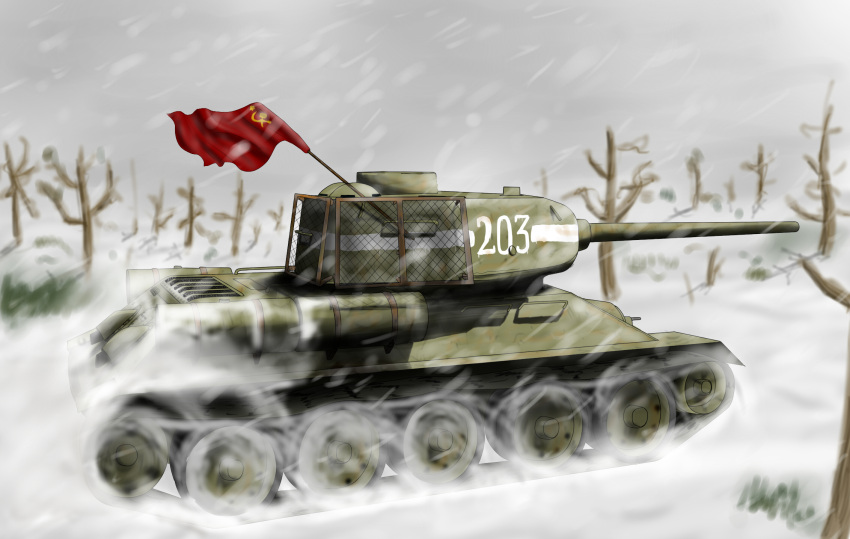 artist_request ground_vehicle highres military military_vehicle motor_vehicle no_humans original sky snow snowing soviet_flag t-34 tank tree