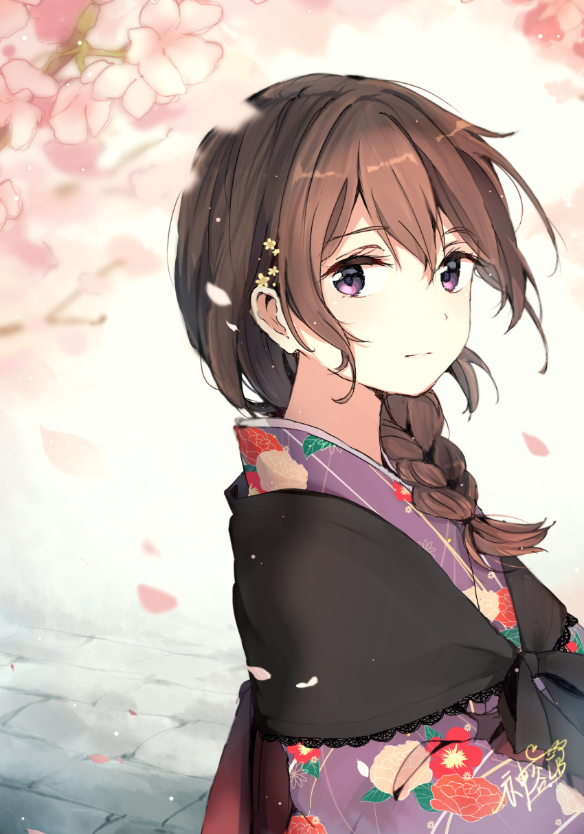 1girl artist_name black_hair braid commentary_request floral_print furuderi_mayono hair_between_eyes hair_over_shoulder highres japanese_clothes kimono long_hair looking_at_viewer original single_braid smile solo upper_body violet_eyes