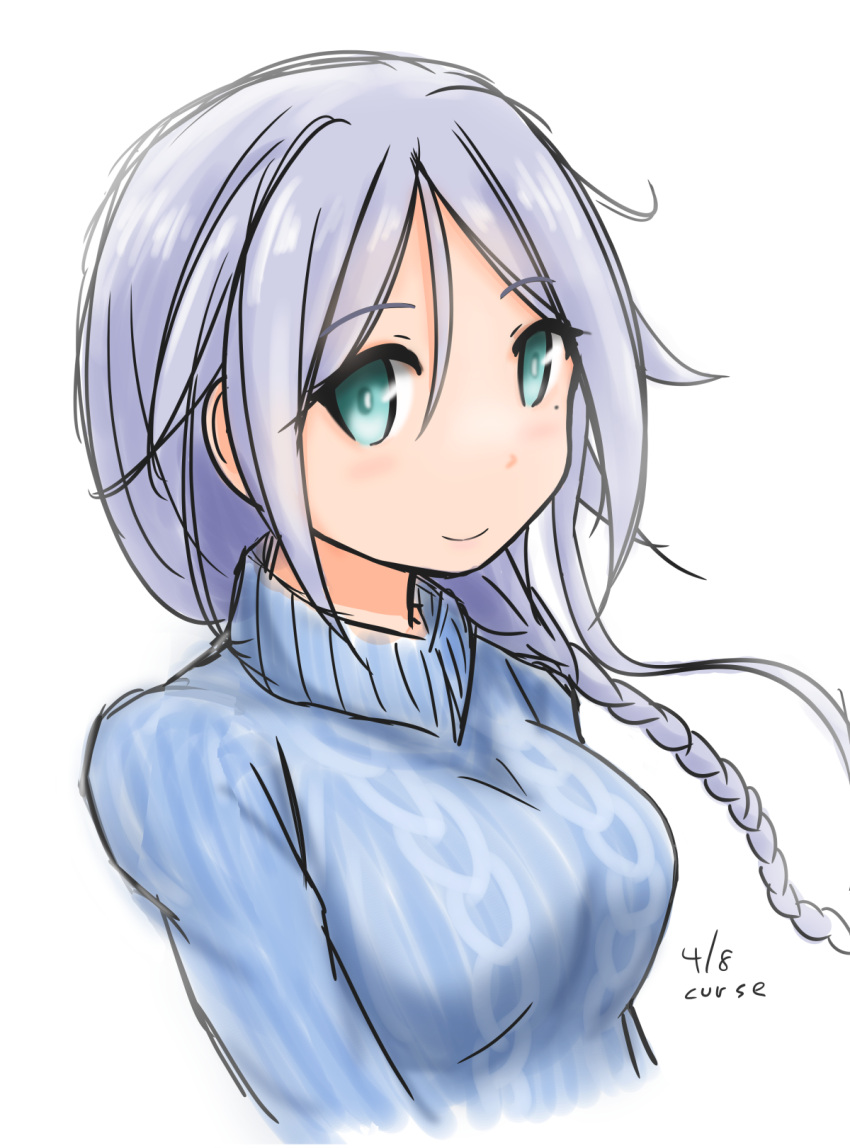 1girl aqua_eyes artist_name blue_sweater blush braid breasts curse_(023) dated highres kantai_collection long_hair looking_at_viewer medium_breasts mole mole_under_eye neck silver_hair smile solo sweater turtleneck turtleneck_sweater umikaze_(kantai_collection) upper_body white_background