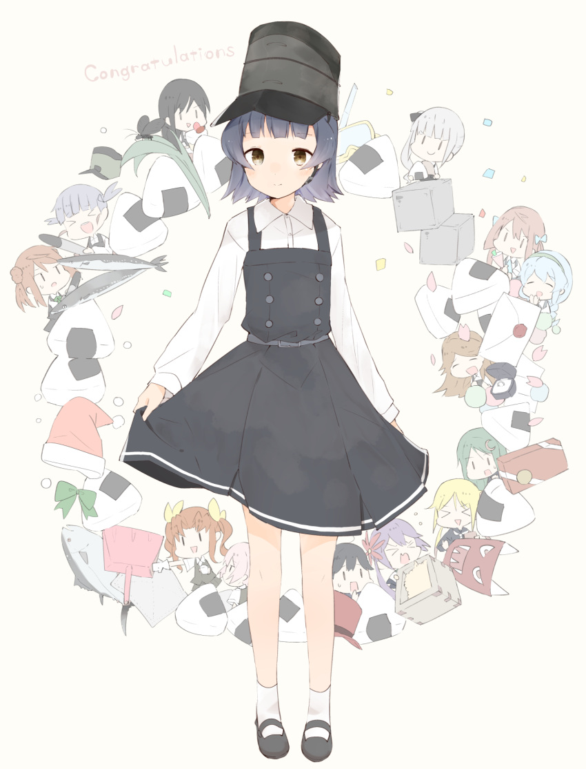 &gt;:) &gt;_&lt; 6+girls :d ahoge akebono_(kantai_collection) arare_(kantai_collection) arashio_(kantai_collection) asagumo_(kantai_collection) asashio_(kantai_collection) belt belt_buckle black_dress black_footwear black_hair blonde_hair blouse blush brown_eyes brown_hair buckle buttons closed_eyes commentary_request diving_mask dress fish flower food gloves green_hair grey_hair grey_skirt grey_vest hair_flower hair_ornament hat highres kagerou_(kantai_collection) kantai_collection kasumi_(kantai_collection) letter long_sleeves low_twintails michishio_(kantai_collection) multiple_girls nagatsuki_(kantai_collection) neckerchief oni_mask onigiri ooshio_(kantai_collection) ooyama_imo open_mouth pinafore_dress pink_hair pleated_skirt purple_hair red_flower remodel_(kantai_collection) santa_hat satsuki_(kantai_collection) shiranui_(kantai_collection) shirt shoes short_hair short_sleeves side_ponytail skirt smile socks suspender_skirt suspenders torpedo twintails ushio_(kantai_collection) v-shaped_eyebrows vest white_blouse white_gloves white_legwear white_neckwear white_shirt yamagumo_(kantai_collection)