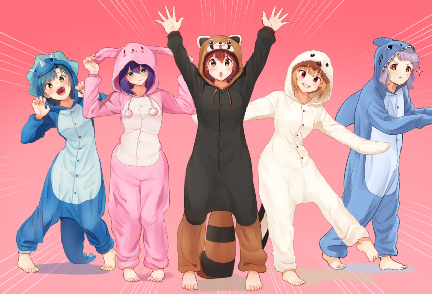 5girls :&lt; :d animal_costume animal_ears arms_up bangs barefoot blue_hair blush brown_eyes brown_hair bunny_costume claw_pose closed_mouth dinosaur_costume ear_pull emphasis_lines eyebrows_visible_through_hair fake_animal_ears fake_horns green_eyes grin hair_ornament hairclip ibuki_tsubasa idolmaster idolmaster_million_live! kamille_(vcx68) kasuga_mirai leaning_to_the_side leg_up light_frown long_hair long_sleeves looking_at_viewer makabe_mizuki mochizuki_anna multiple_girls nanao_yuriko nose_blush open_mouth outstretched_arms penguin_costume pigeon-toed pink_background pom_pom_(clothes) purple_hair rabbit_ears red_eyes redhead shark_costume short_hair simple_background smile solo speed_lines standing standing_on_one_leg tanuki_costume tareme teeth toe_scrunch v-shaped_eyebrows yellow_eyes