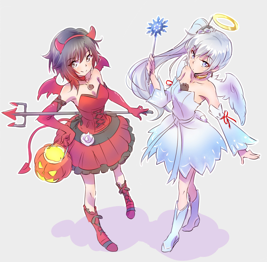 2girls angel_and_devil angel_costume blue_eyes breasts choker cleavage color_connection commentary_request corset demon_girl dress fake_halo grey_eyes halloween halloween_costume highres iesupa looking_at_viewer medium_breasts multiple_girls pitchfork pumpkin red_dress redhead ruby_rose rwby sleeveless sleeveless_dress wand weiss_schnee white_dress white_hair