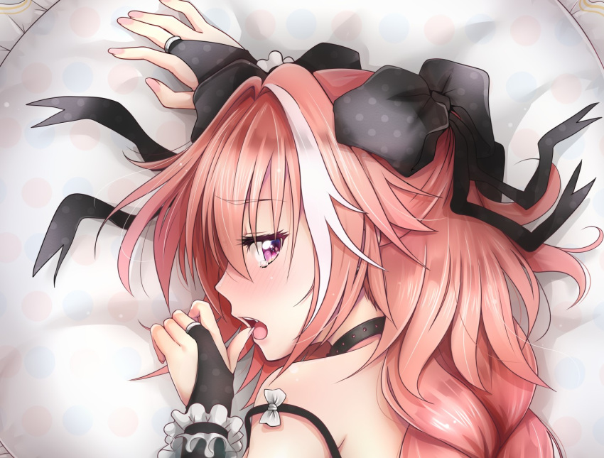 1boy :o arm_up astolfo_(fate) bangs bare_shoulders bed_sheet big_hair black_bow black_choker black_dress blush bow braid bridal_gauntlets choker chunyan close-up commentary_request dakimakura dress eyebrows_visible_through_hair eyelashes fang fate/apocrypha fate_(series) fingernails frilled_dress frilled_pillow frills from_above furrowed_eyebrows hair_between_eyes hair_bow hair_intakes half-closed_eyes hand_up long_hair long_sleeves looking_at_viewer looking_back lying male_focus multicolored_hair nose_blush on_stomach open_mouth pillow pink_hair polka_dot polka_dot_bow polka_dot_dress portrait shiny shiny_hair single_braid sleeve_cuffs sleeves_past_wrists solo spaghetti_strap strap_slip streaked_hair tears trap two-tone_hair unmoving_pattern violet_eyes white_bow white_hair