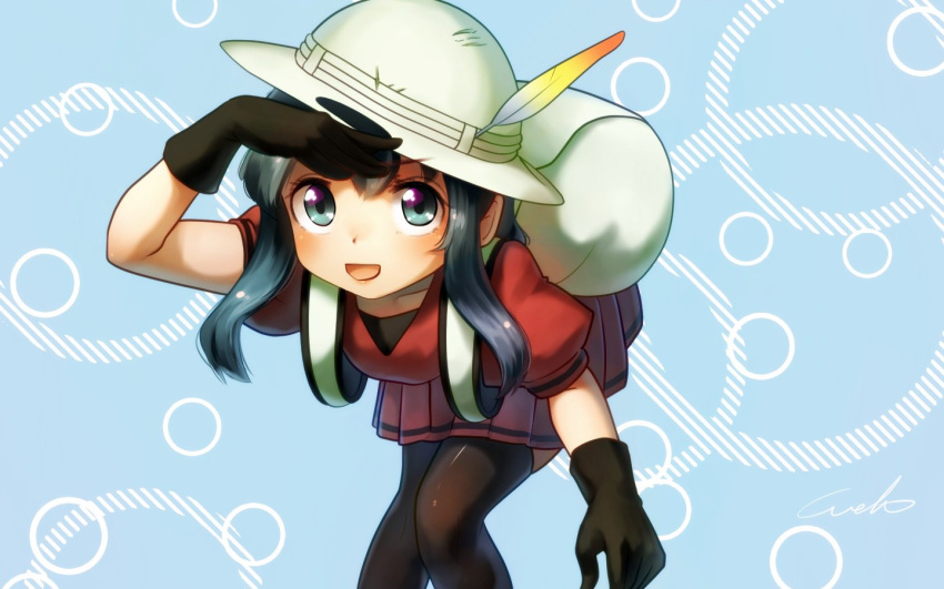 1girl :d adapted_costume backpack bag bent_over black_eyes black_gloves black_hair black_legwear commentary_request gloves h hat hat_feather kaban_(kemono_friends) kemono_friends looking_at_viewer open_mouth pleated_skirt puffy_short_sleeves puffy_sleeves red_shirt red_skirt shirt short_sleeves sidelocks skirt smile solo thigh-highs welt_(kinsei_koutenkyoku) white_hat