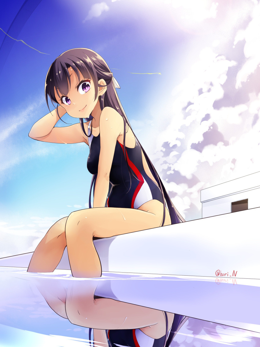 1girl absurdres bangs black_hair breasts closed_mouth clouds cloudy_sky competition_swimsuit condensation_trail day hair_ornament half_updo highres kakumeiki_valvrave long_hair looking_at_viewer medium_breasts nino_(shira) one-piece_swimsuit pool reflection rukino_saki sitting sky swimsuit twitter_username violet_eyes water