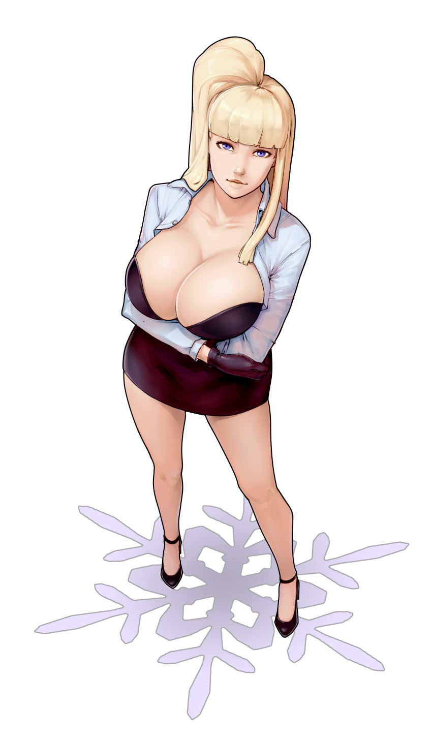 1girl absurdres alternate_costume black_bra black_gloves black_skirt bra breasts commission crossed_arms gloves high_heels highres kolin large_breasts looking_at_viewer materclaws open_clothes open_shirt side_ponytail skirt smile snowflake_print solo street_fighter street_fighter_v underwear