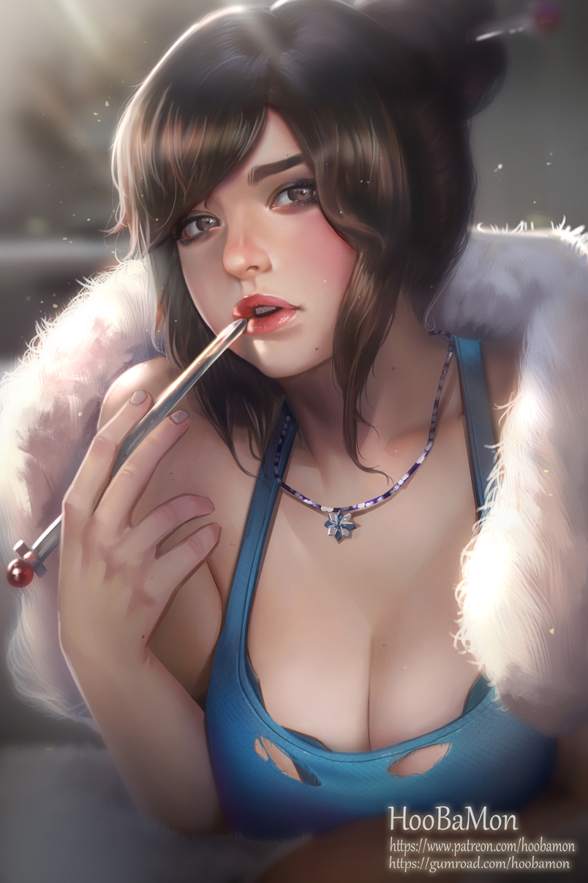 1girl artist_name bangs bare_shoulders beads blue_coat blurry blurry_background breasts brown_eyes brown_hair cleavage coat eyelashes eyeshadow fingernails fur-trimmed_coat fur_trim gumroad_username hair_bun hair_ornament hair_stick hand_up highres holding hoo_bamon large_breasts lips lipstick looking_at_viewer makeup mascara mei_(overwatch) mole mole_on_breast mole_on_neck mole_under_mouth no_eyewear nose overwatch parka patreon_username pink_lips pink_lipstick short_hair sidelocks sleeveless solo swept_bangs tank_top thick_lips upper_body watermark web_address winter_clothes winter_coat