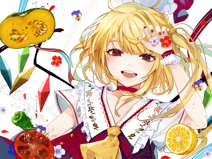 1girl :d ascot bangs bell_pepper blonde_hair blue_flower blue_ribbon blush choker commentary crystal daimaou_ruaeru eyebrows_visible_through_hair eyelashes fangs fingernails flandre_scarlet floral_print flower food frilled_shirt_collar frills fruit green_pepper hand_up hat hat_removed hat_ribbon headwear_removed highres lemon looking_at_viewer mob_cap nail_polish one_side_up open_mouth pepper petals purple_flower red_choker red_eyes red_flower red_nails red_ribbon ribbon short_hair short_sleeves side_ponytail simple_background slit_pupils smile solo squash tomato touhou upper_body vest water water_drop white_background white_hat wings wrist_cuffs yellow_flower yellow_neckwear