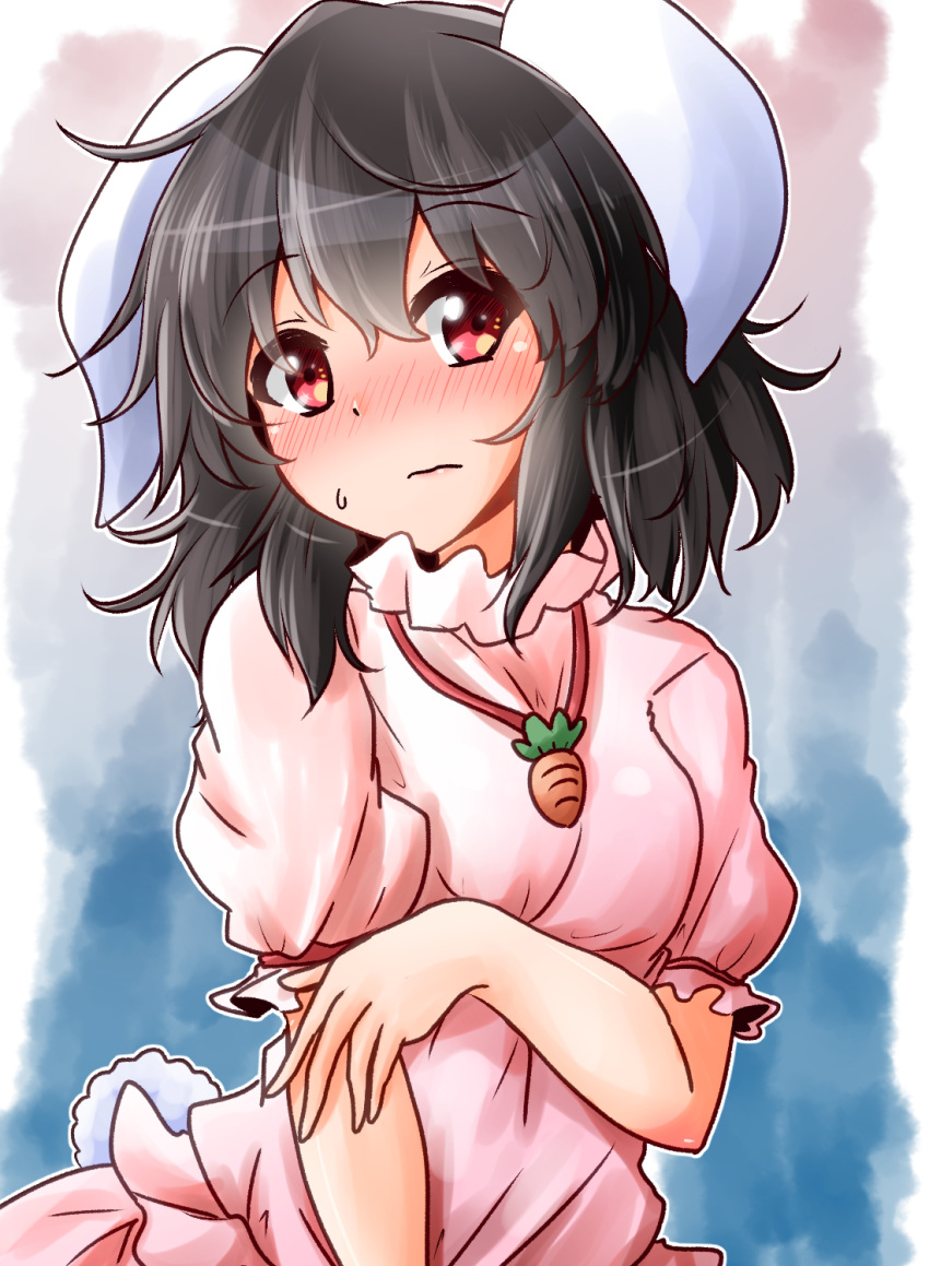 1girl animal_ears black_hair blush carrot carrot_necklace closed_mouth commentary_request dress embarrassed eyebrows_visible_through_hair highres inaba_tewi jewelry looking_at_viewer oshiaki pendant pink_dress rabbit_ears red_eyes short_hair short_sleeves solo sweatdrop touhou upper_body