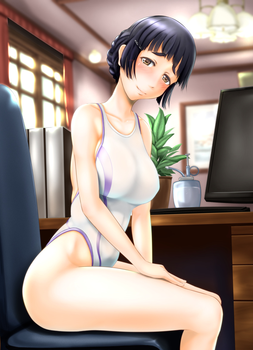 1girl black_hair book bottle brown_eyes chair competition_swimsuit feet_out_of_frame hair_bun head_tilt highleg highleg_swimsuit highres kantai_collection kauchoro_(namikazemakase) long_hair looking_at_viewer monitor myoukou_(kantai_collection) one-piece_swimsuit plant sitting solo swimsuit thick_eyebrows white_swimsuit