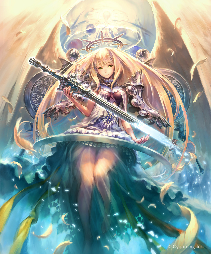 1girl blonde_hair eyebrows_visible_through_hair feathered_wings floating_hair from_below green_eyes highres hisakata_souji long_hair looking_at_viewer see-through shadowverse sleeveless smile solo sword very_long_hair weapon white_feathers white_wings wings