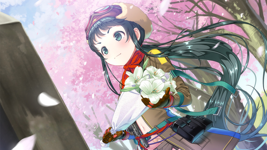 1girl aviator_cap brown_gloves brown_jacket cherry_blossoms dutch_angle flower formation_girls fubuki_maya game_cg gloves goggles goggles_on_headwear green_eyes green_hair holding holding_flower jacket navel official_art petals red_scarf scarf sidelocks solo spring_(season) tenkuu_nozora tombstone upper_body