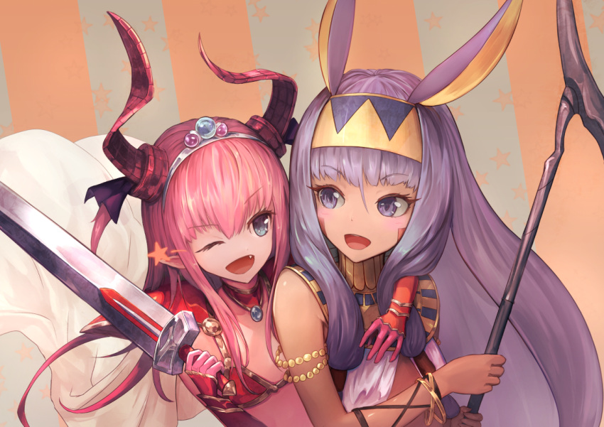 2girls armlet asymmetrical_horns bangs blue_eyes blush bracelet curled_horns dark_skin dragon_horns egyptian egyptian_clothes elizabeth_bathory_(brave)_(fate) elizabeth_bathory_(fate) elizabeth_bathory_(fate)_(all) eyebrows_visible_through_hair fang fate/grand_order fate_(series) gauntlets hairband holding holding_sword holding_weapon horns jackal_ears jewelry kawahara_ryuuta long_hair looking_at_another multiple_girls nitocris_(fate/grand_order) one_eye_closed open_mouth pink_hair purple_hair sleeveless smile star sword upper_body violet_eyes weapon
